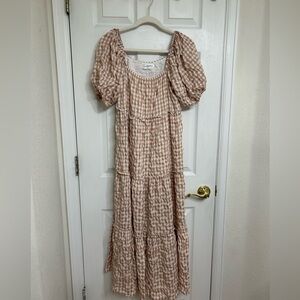 Carly Jean Los Angeles Checkered Maxi Dress in Tan and White